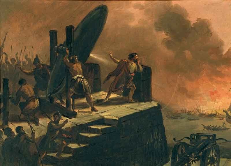 Archimede brucia le navi romane del Console Marcello con il fuoco scaturito dagli specchi
